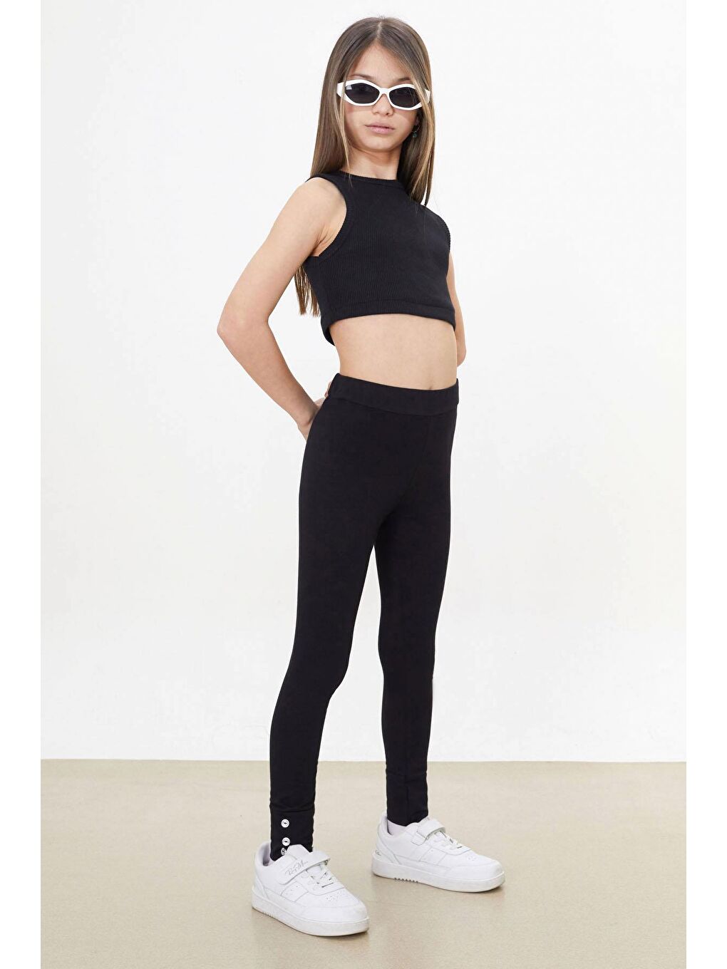 Kız Çocuk Paçası Düğme Detaylı 2'li Düz Tayt Siyah-Lila 18203-1