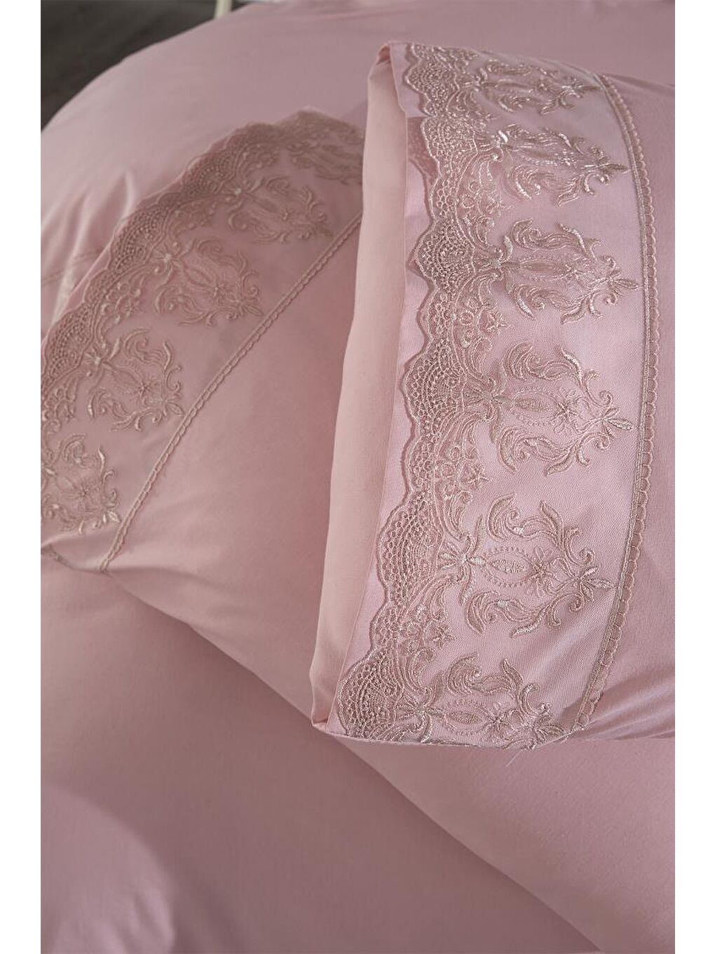 Pembe Fransız Dantelli Leyla Çeyizlik Nevresim Takımı Pudra-3