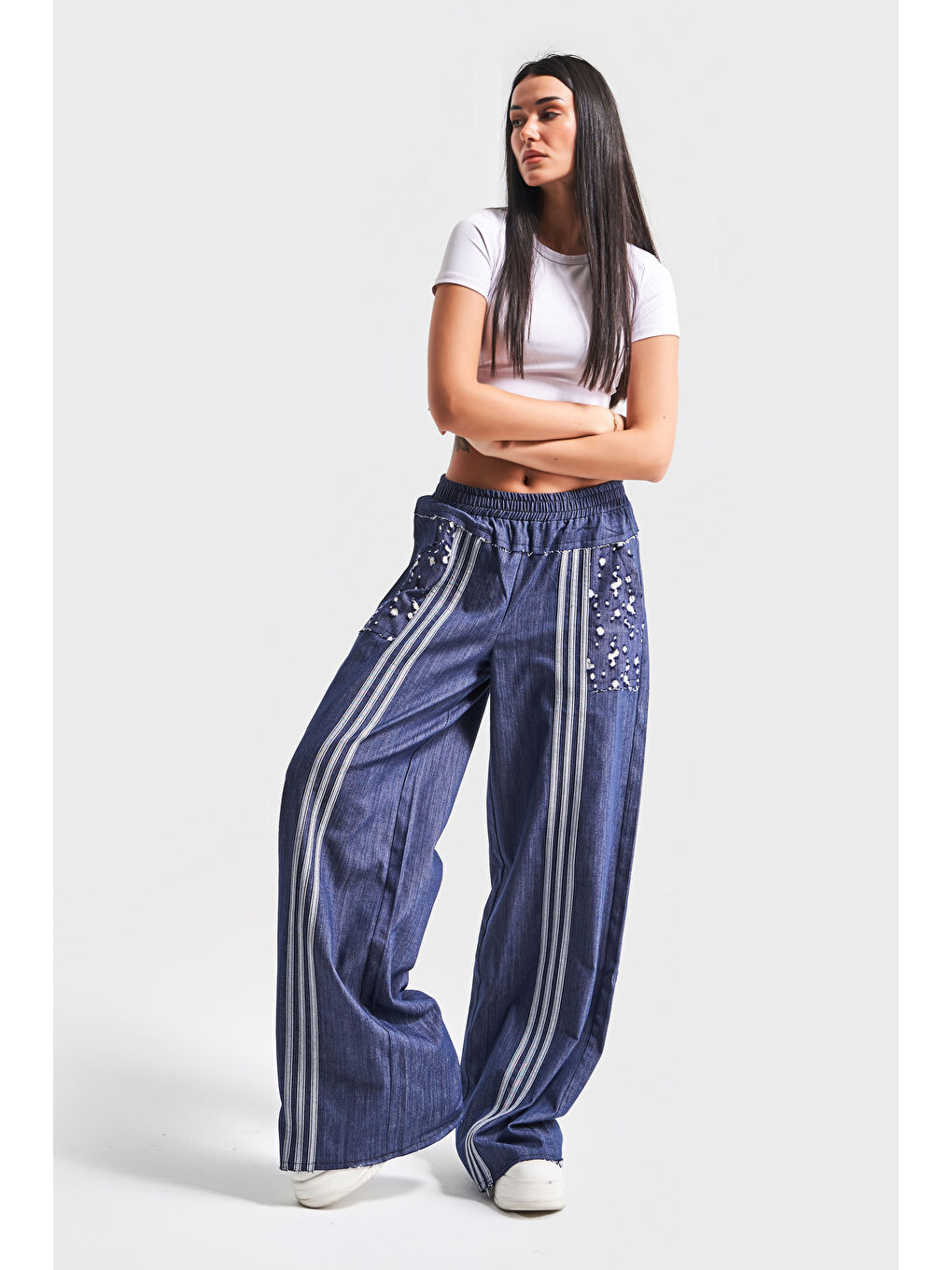 Lacivert Kadın Laci Renk Şerit Detaylı Bol Kesim Tasarım Pantolon-2