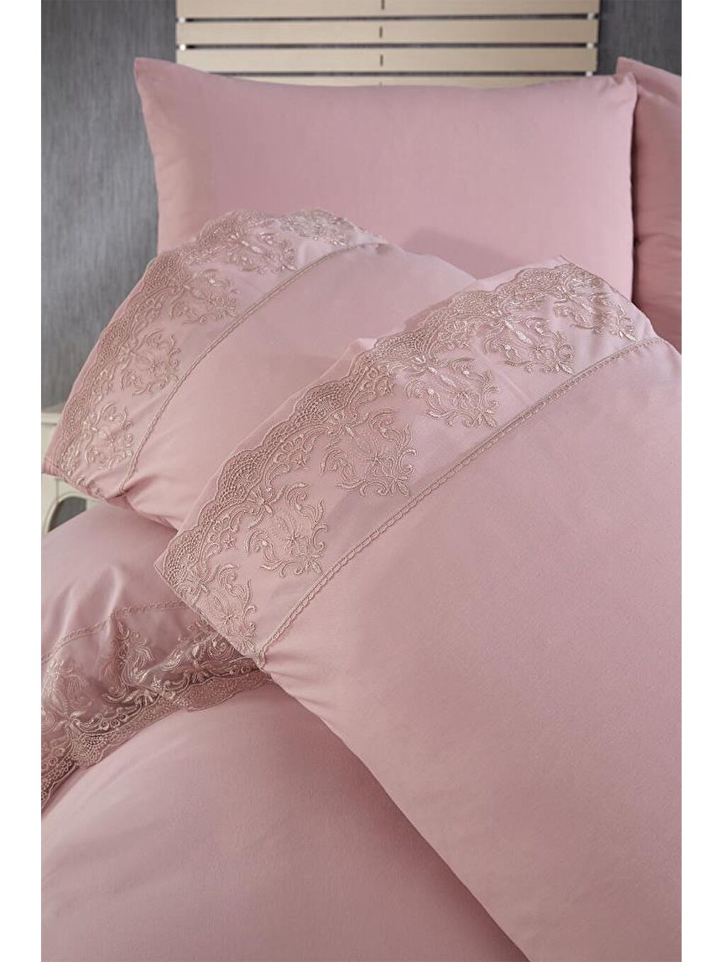 Pembe Fransız Dantelli Leyla Çeyizlik Nevresim Takımı Pudra-4