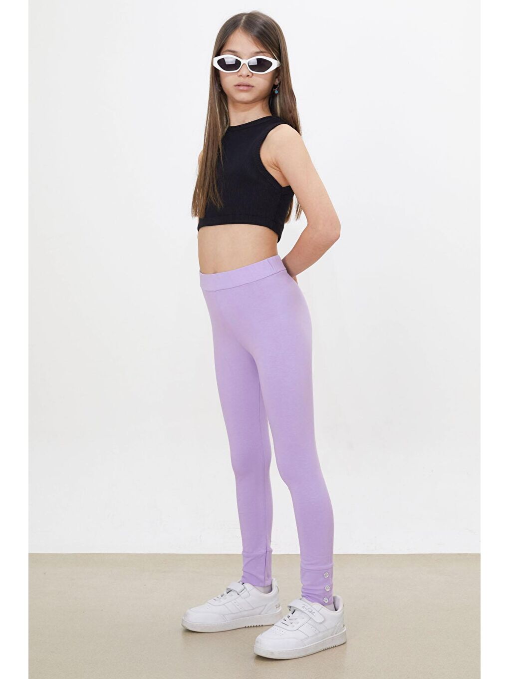 Kız Çocuk Paçası Düğme Detaylı 2'li Düz Tayt Siyah-Lila 18203-2