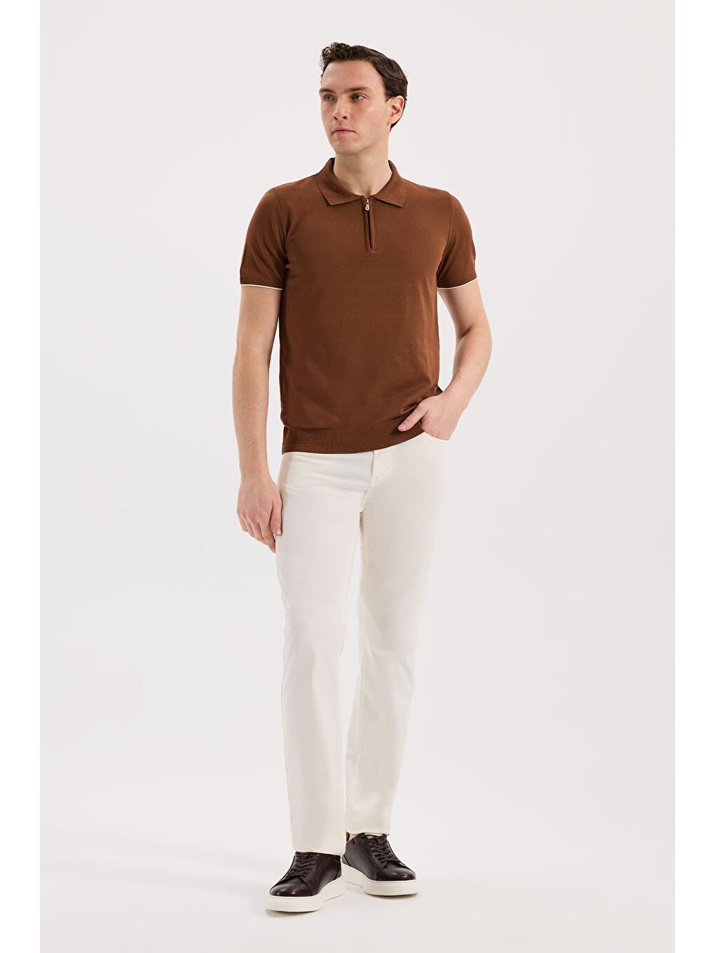 Kahverengi Kiremit Slim Fit Triko Fermualı Polo Yaka T-Shirt-1