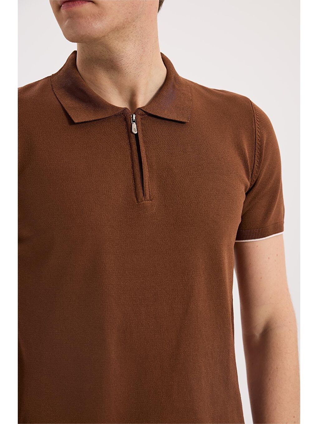 Kahverengi Kiremit Slim Fit Triko Fermualı Polo Yaka T-Shirt-2