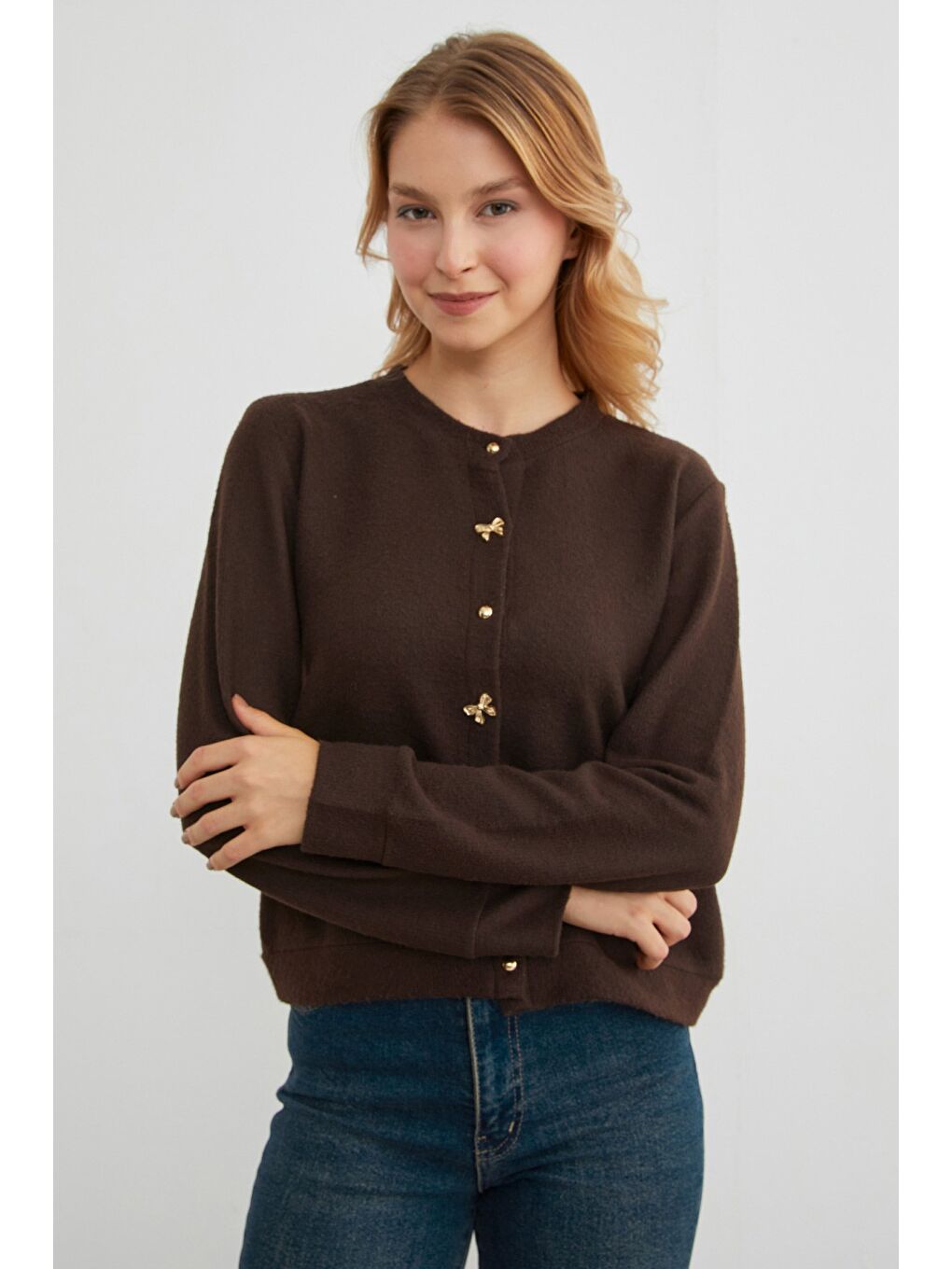 Kahverengi Fiyonk Düğmeli Cepli Triko Hırka-1