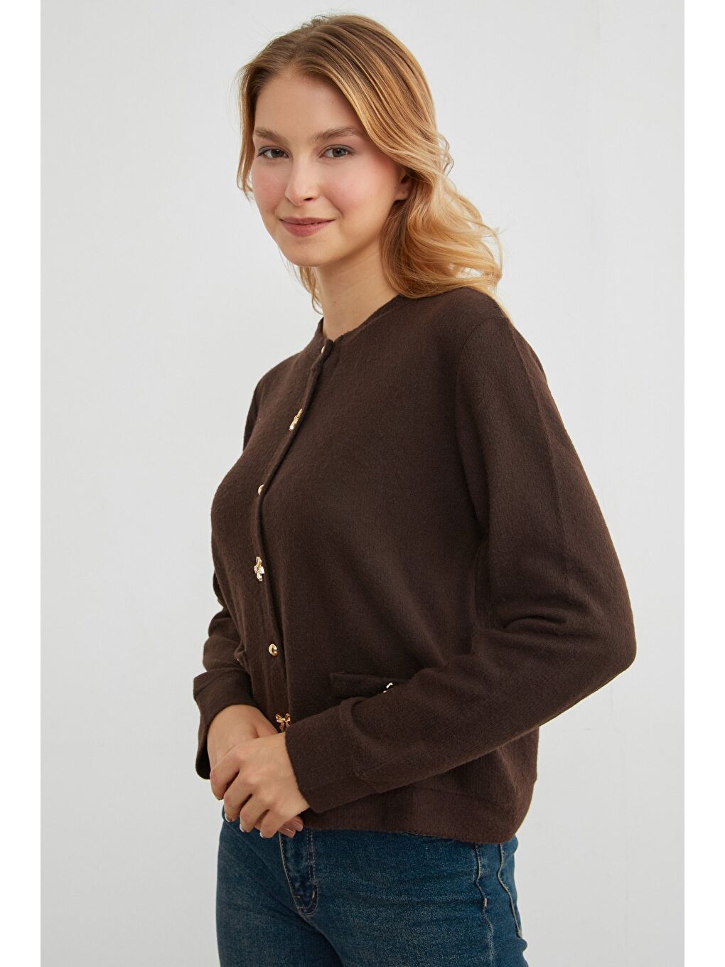 Kahverengi Fiyonk Düğmeli Cepli Triko Hırka-2