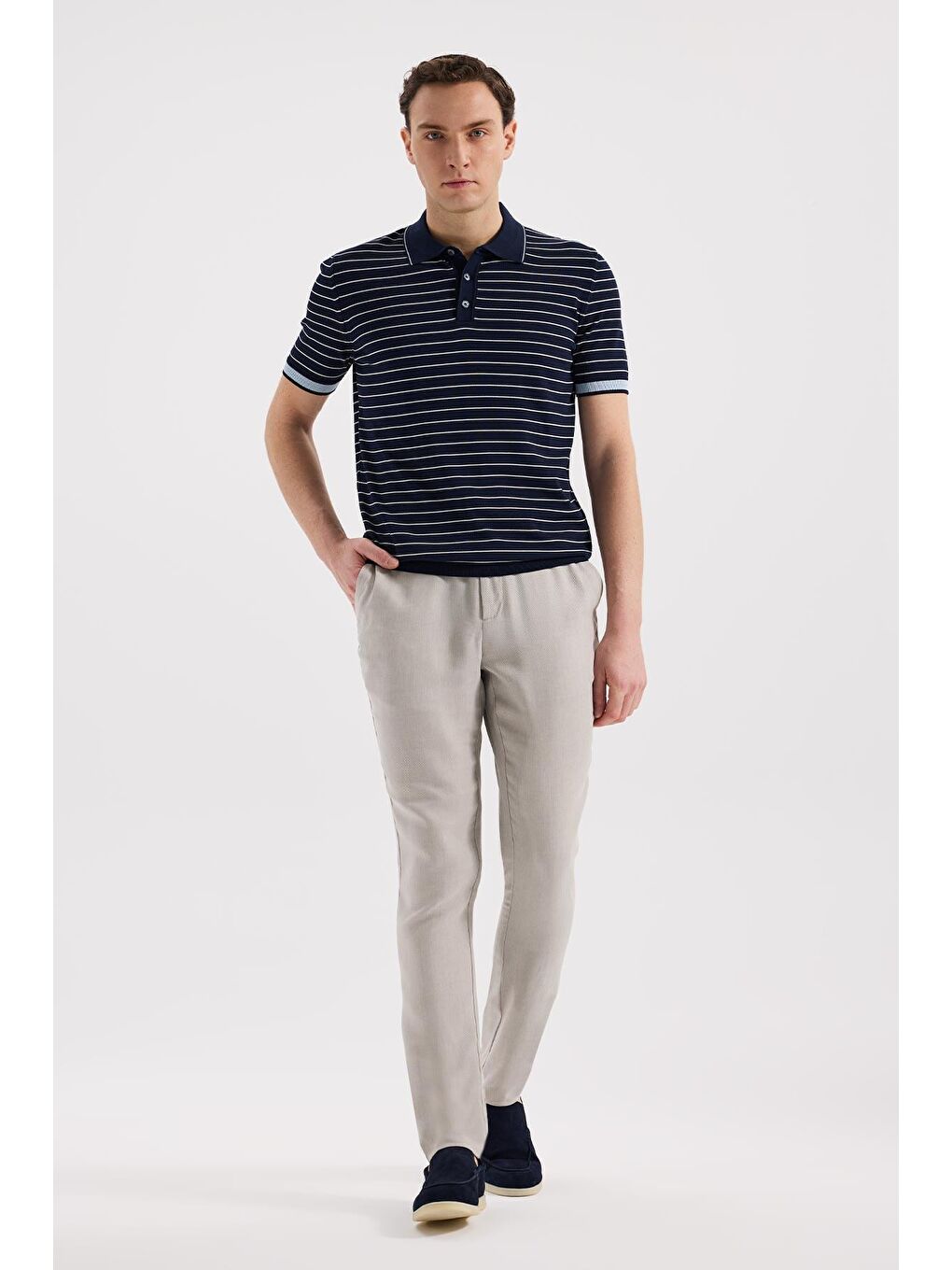 Lacivert Slim Fit Çizgili Rayon Polo Yaka T-Shirt-1