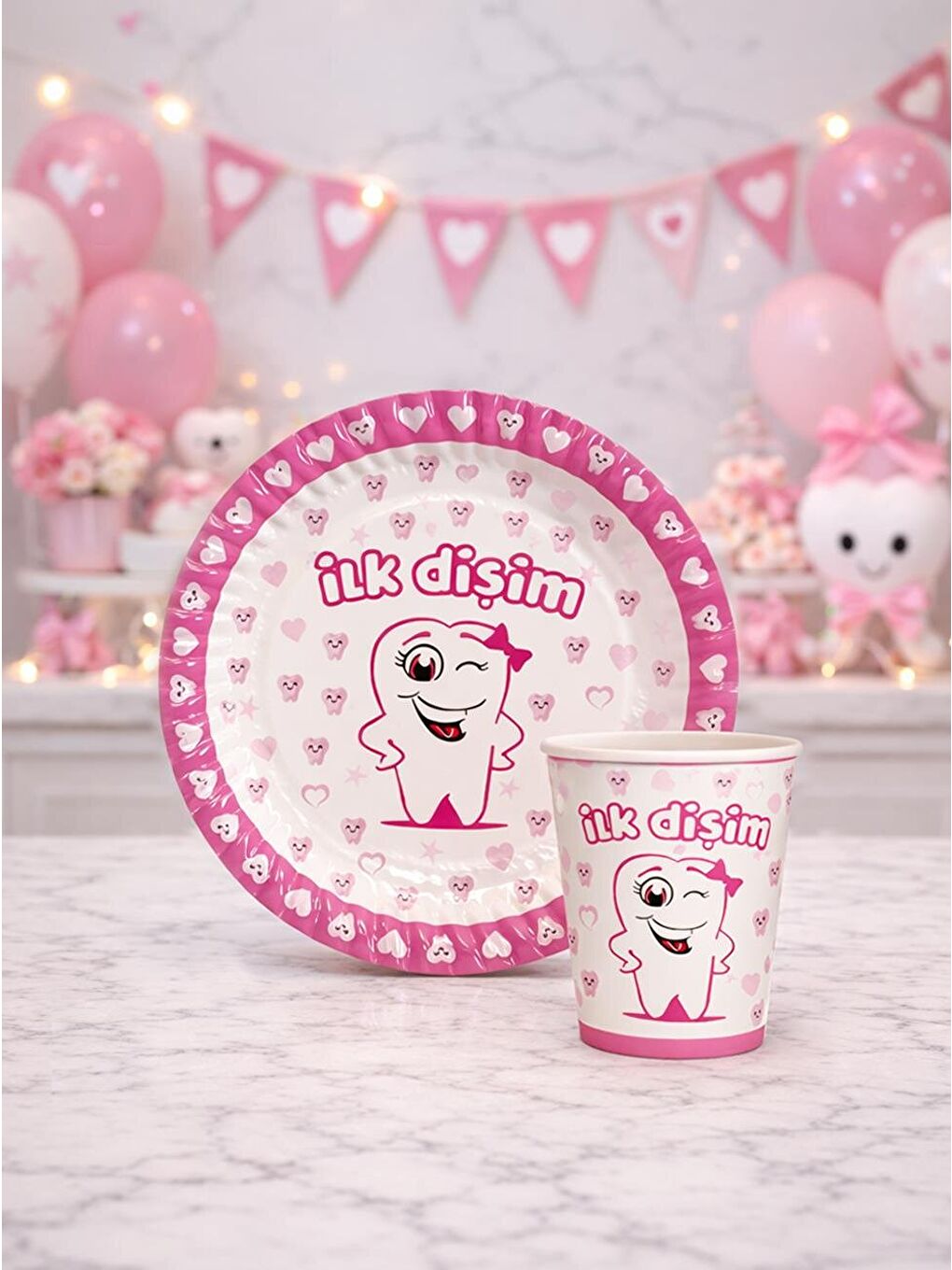 İlk Dişim Temalı Karton Tabak Bardak Set Pembe 8'li