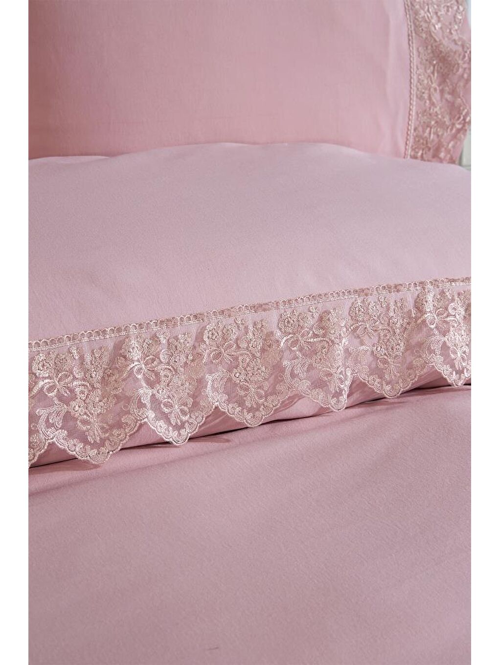 Pembe Fransız Dantelli Meriç Çeyizlik Nevresim Takımı Pudra-1