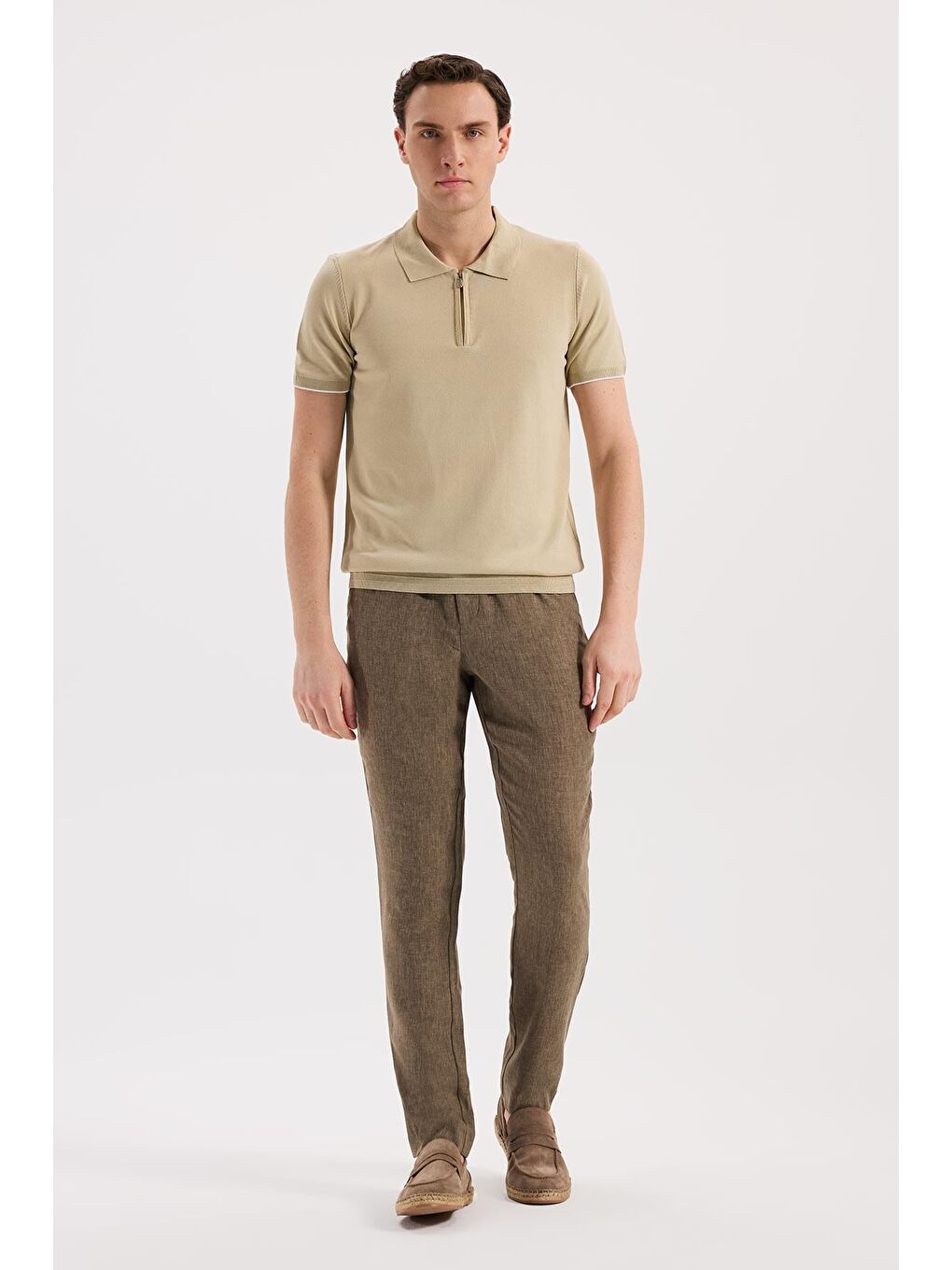 Bej Slim Fit Triko Fermualı Polo Yaka T-Shirt-1