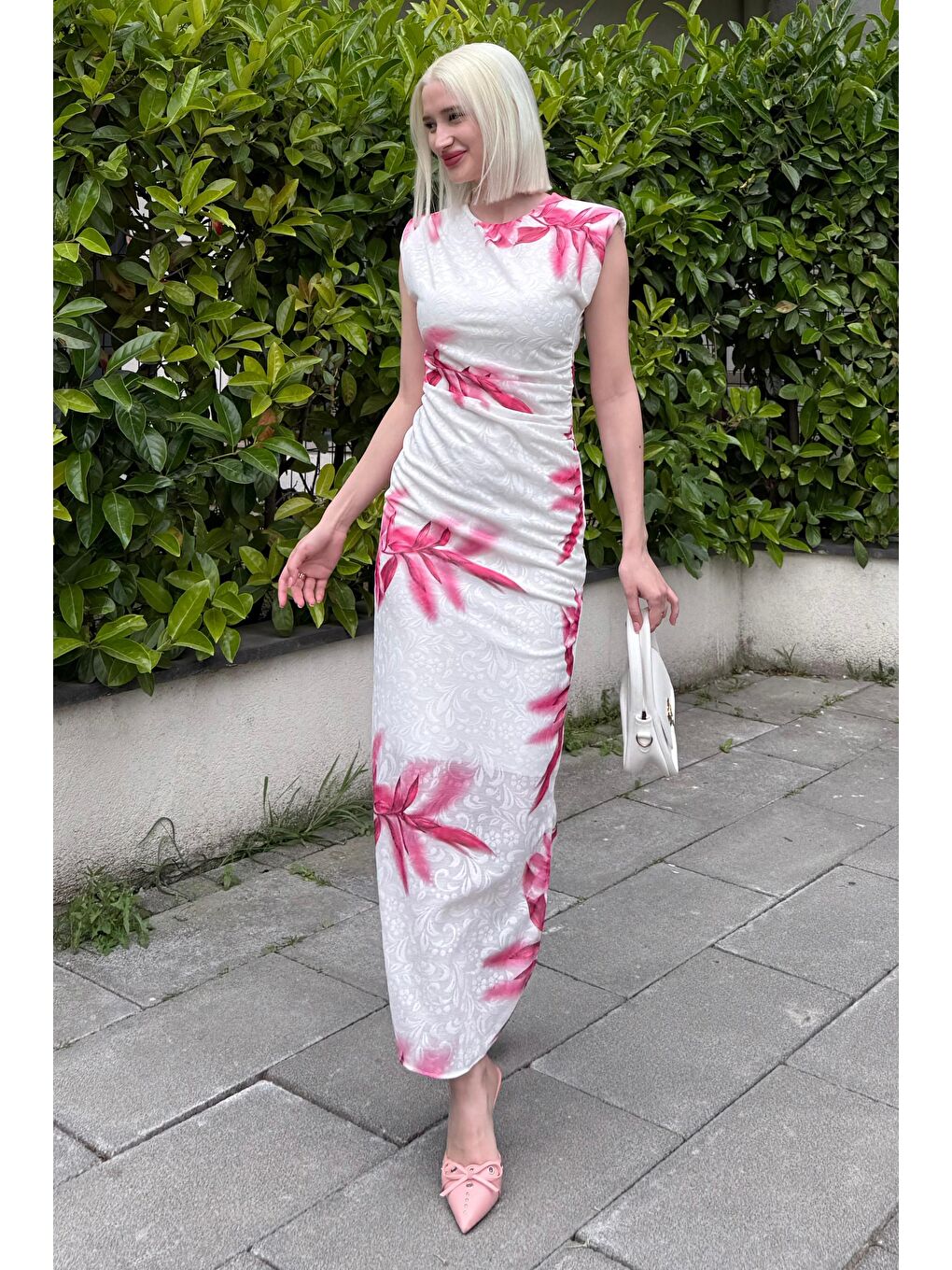 Pembe Desenli Midi Boy Kadın Elbise Mg2464