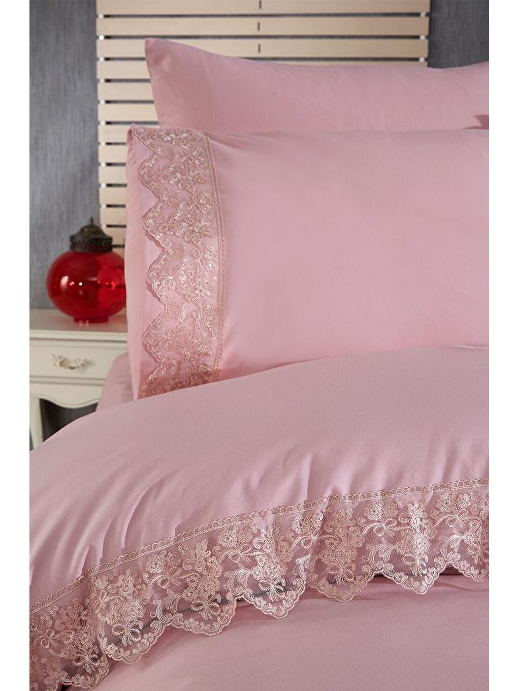 Pembe Fransız Dantelli Meriç Çeyizlik Nevresim Takımı Pudra-2