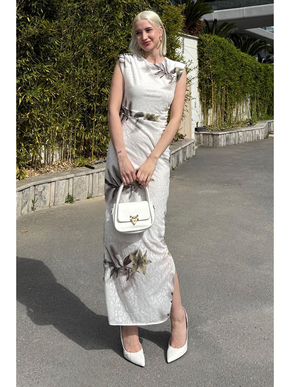 Yeşil Desenli Midi Boy Kadın Elbise Mg2464