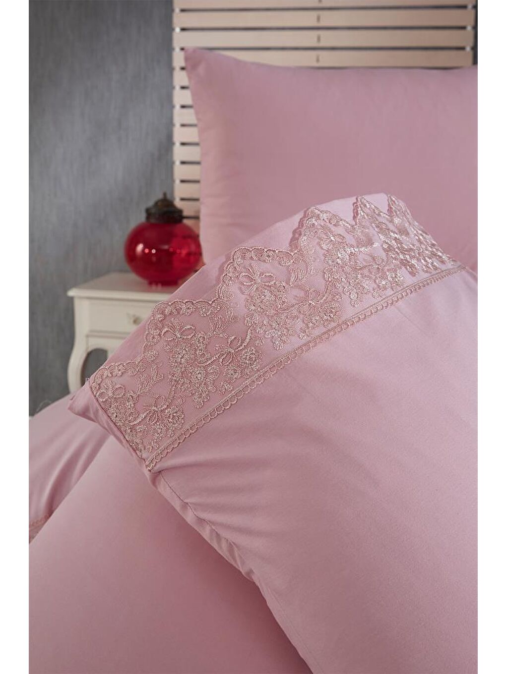 Pembe Fransız Dantelli Meriç Çeyizlik Nevresim Takımı Pudra-4