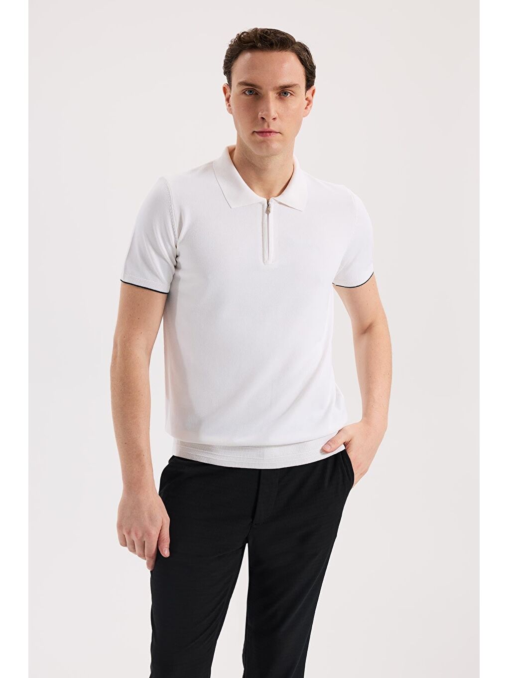 Beyaz Slim Fit Triko Fermualı Polo Yaka T-Shirt
