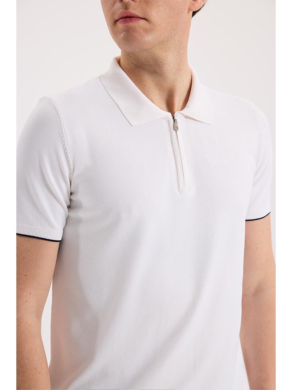 Beyaz Slim Fit Triko Fermualı Polo Yaka T-Shirt-2
