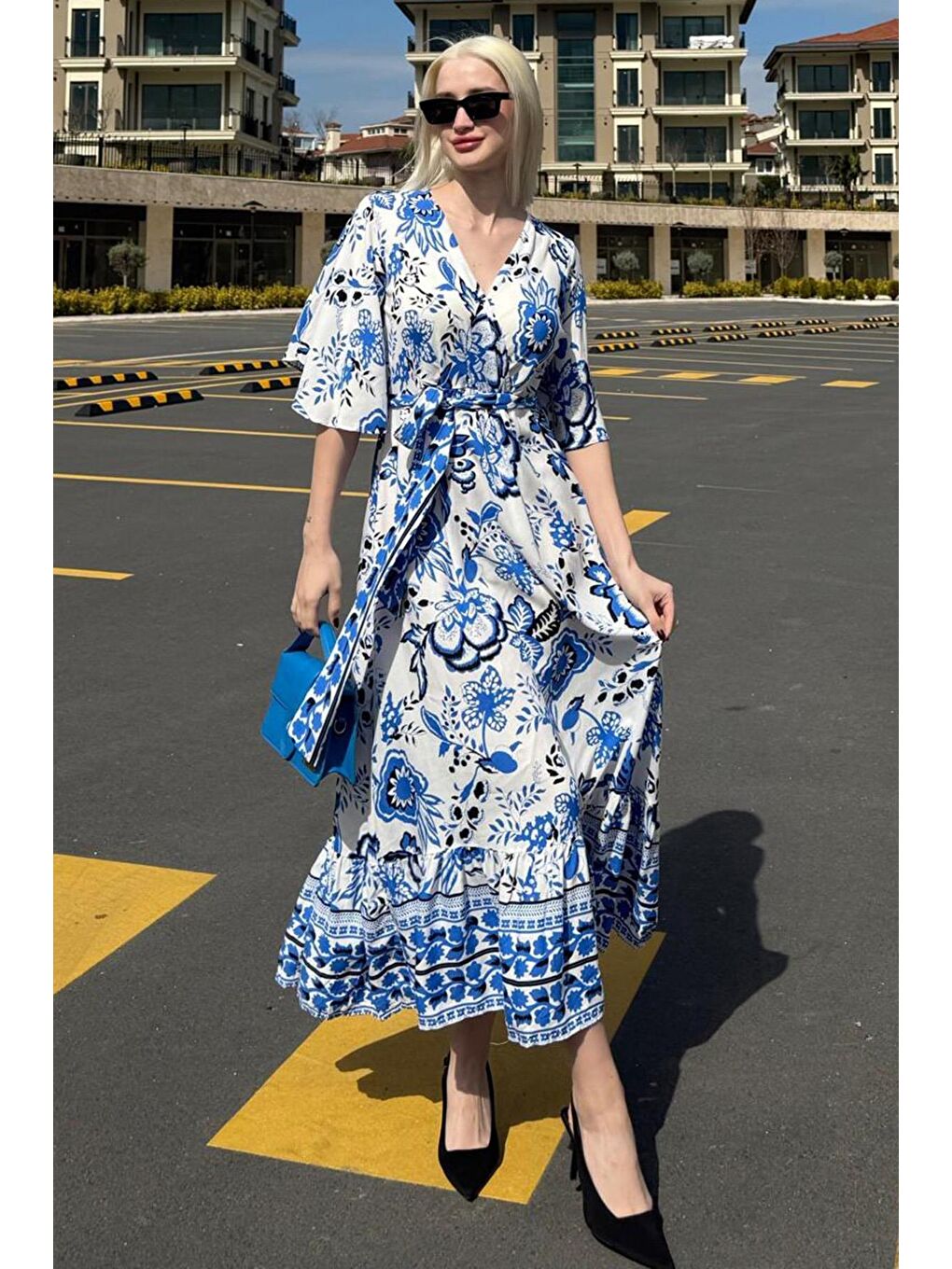 Mavi Kruvaze Yaka Desenli Kadın Elbise Mg2474