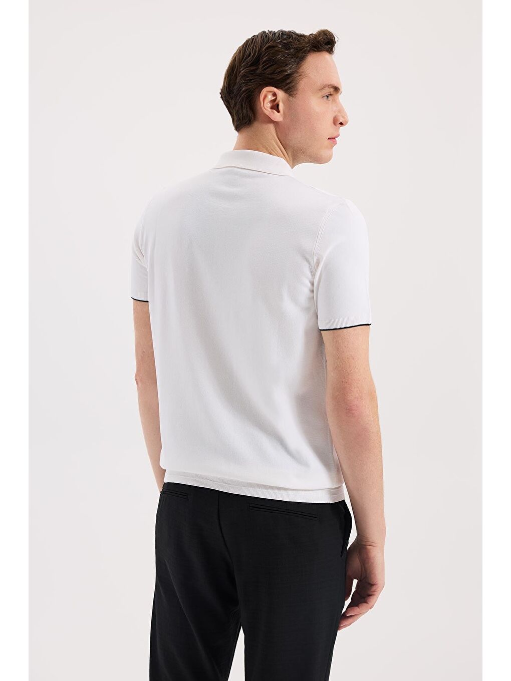 Beyaz Slim Fit Triko Fermualı Polo Yaka T-Shirt-3