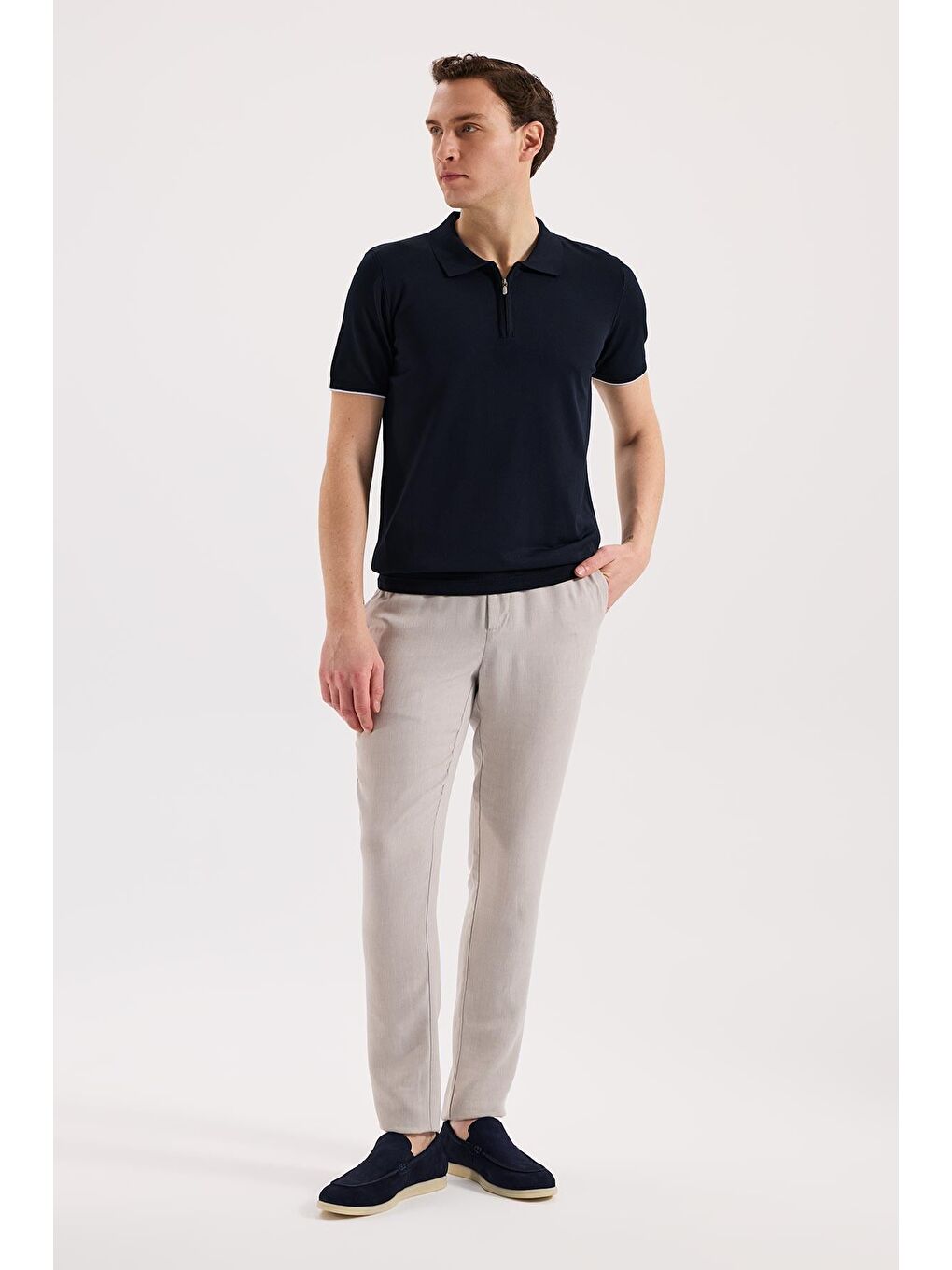 Lacivert Slim Fit Triko Fermualı Polo Yaka Tişört-1