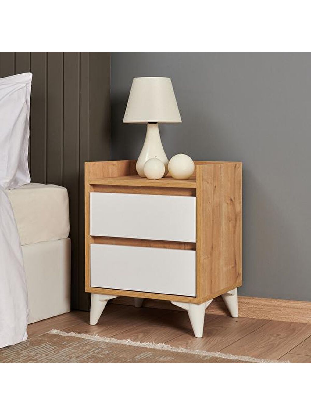 Kahverengi Verona 2 Çekmeceli Komodin - Safir Meşe / Beyaz-2