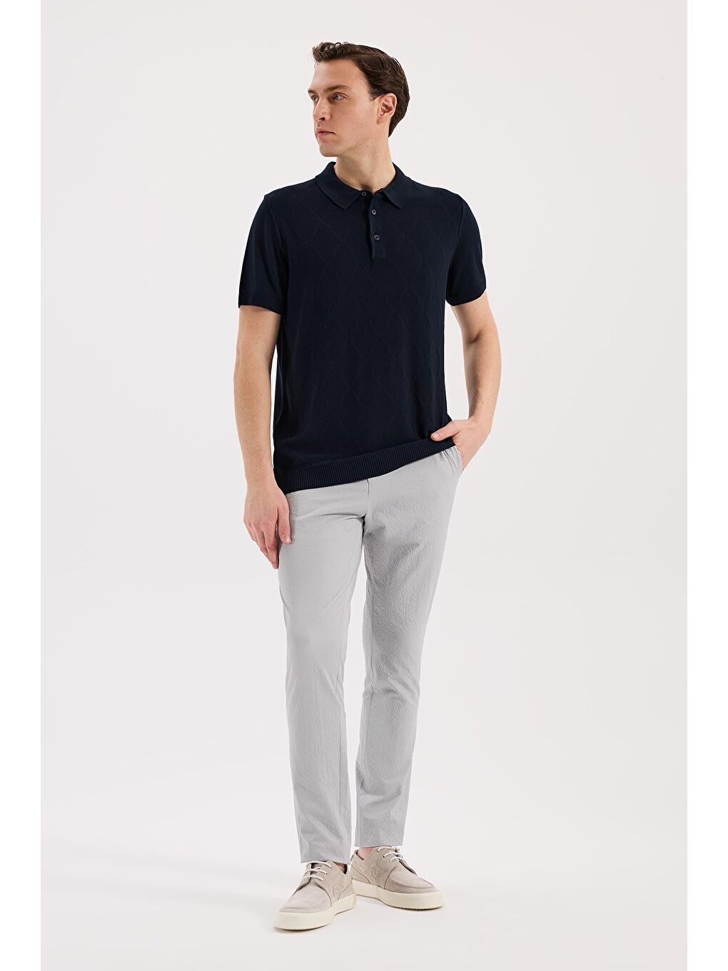 Lacivert Slim Fit Desenli Triko Polo Yaka T-Shirt