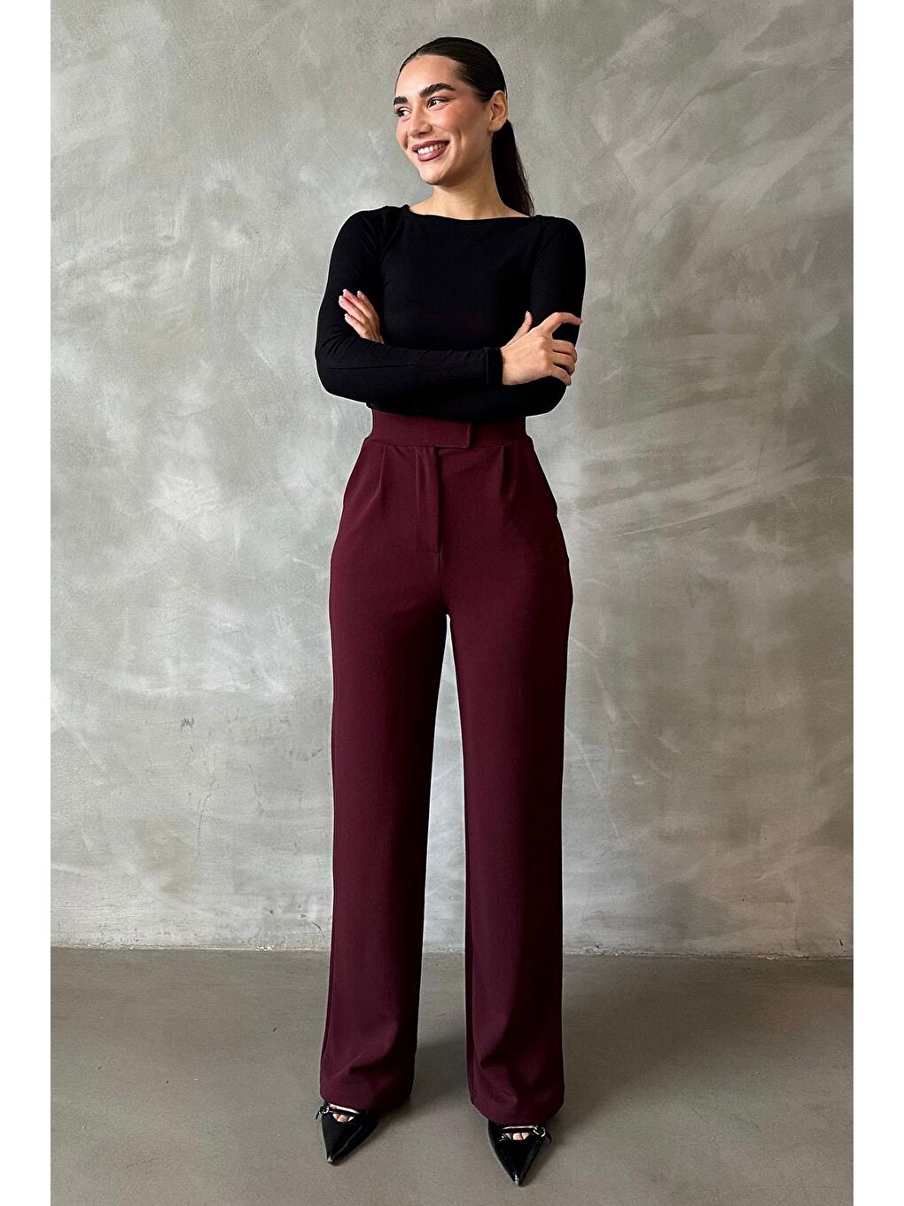 Bordo Elastanlı Cırt Kapamalı Palazzo Pantolon Mg2291