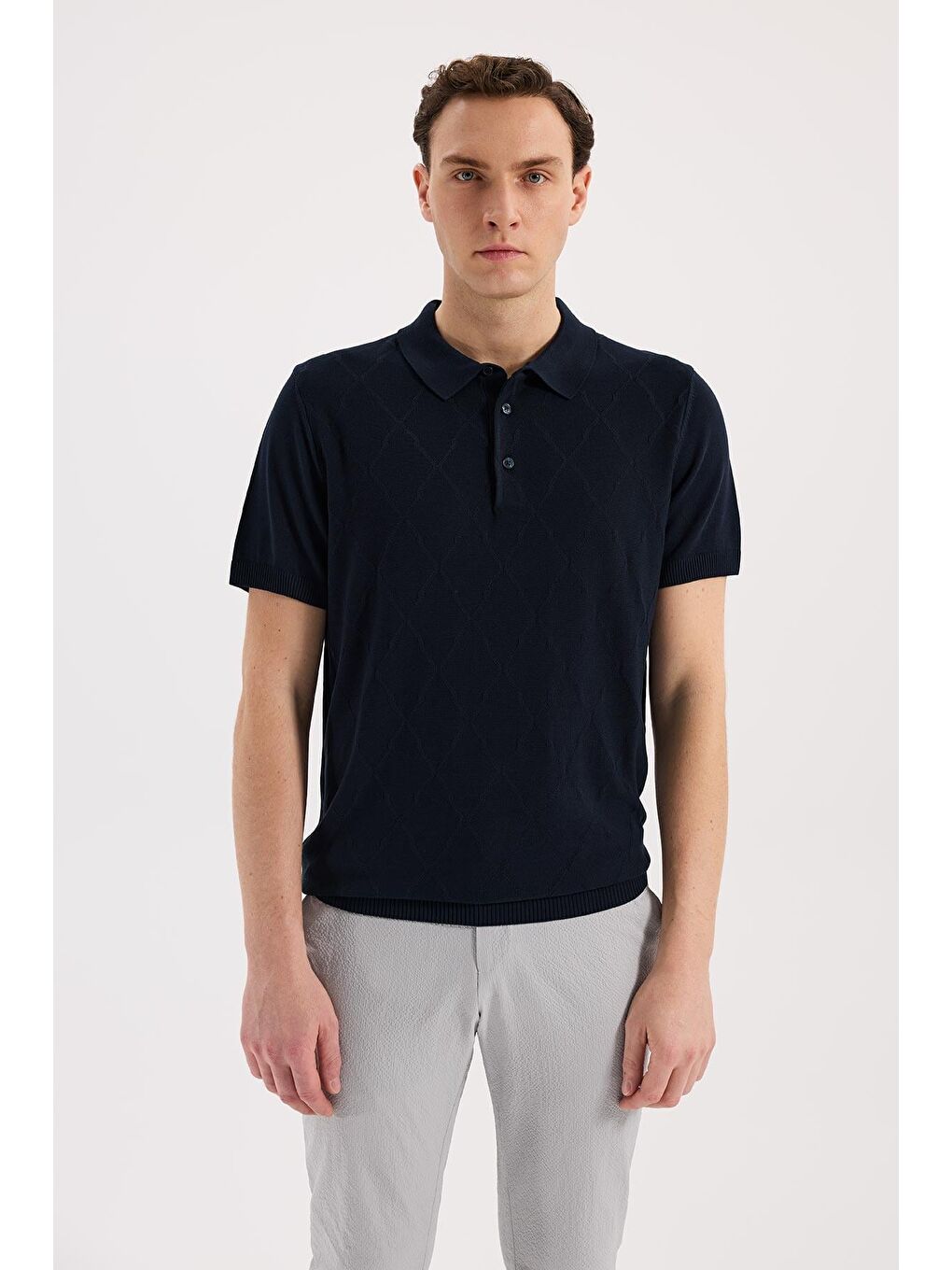 Lacivert Slim Fit Desenli Triko Polo Yaka T-Shirt-1