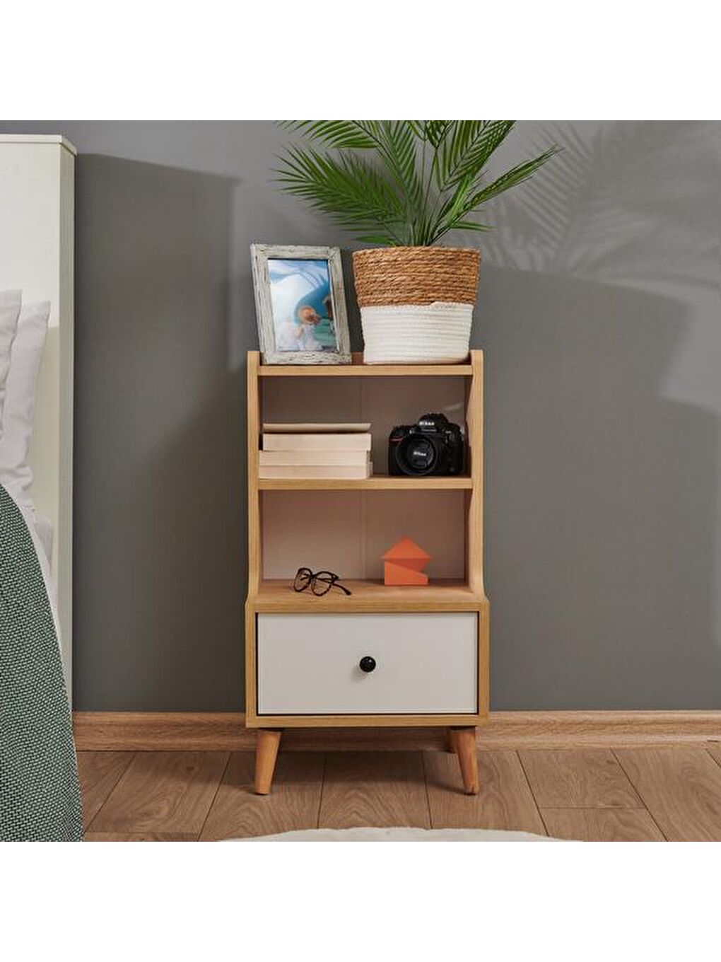 Kahverengi Melek Tek Çekmeceli Komodin - Safir Meşe / Beyaz