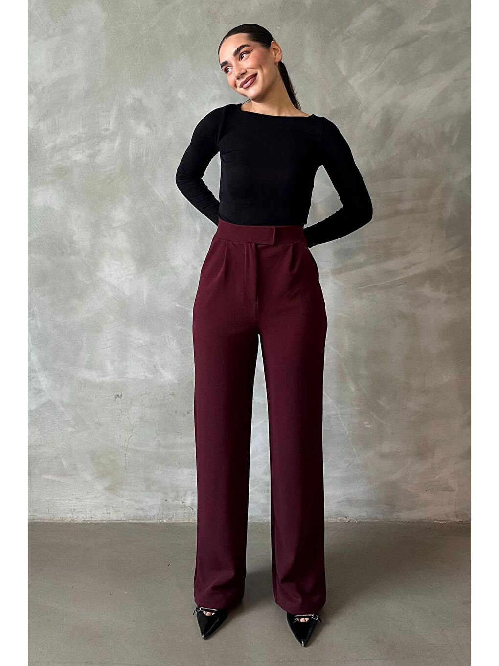 Bordo Elastanlı Cırt Kapamalı Palazzo Pantolon Mg2291-3