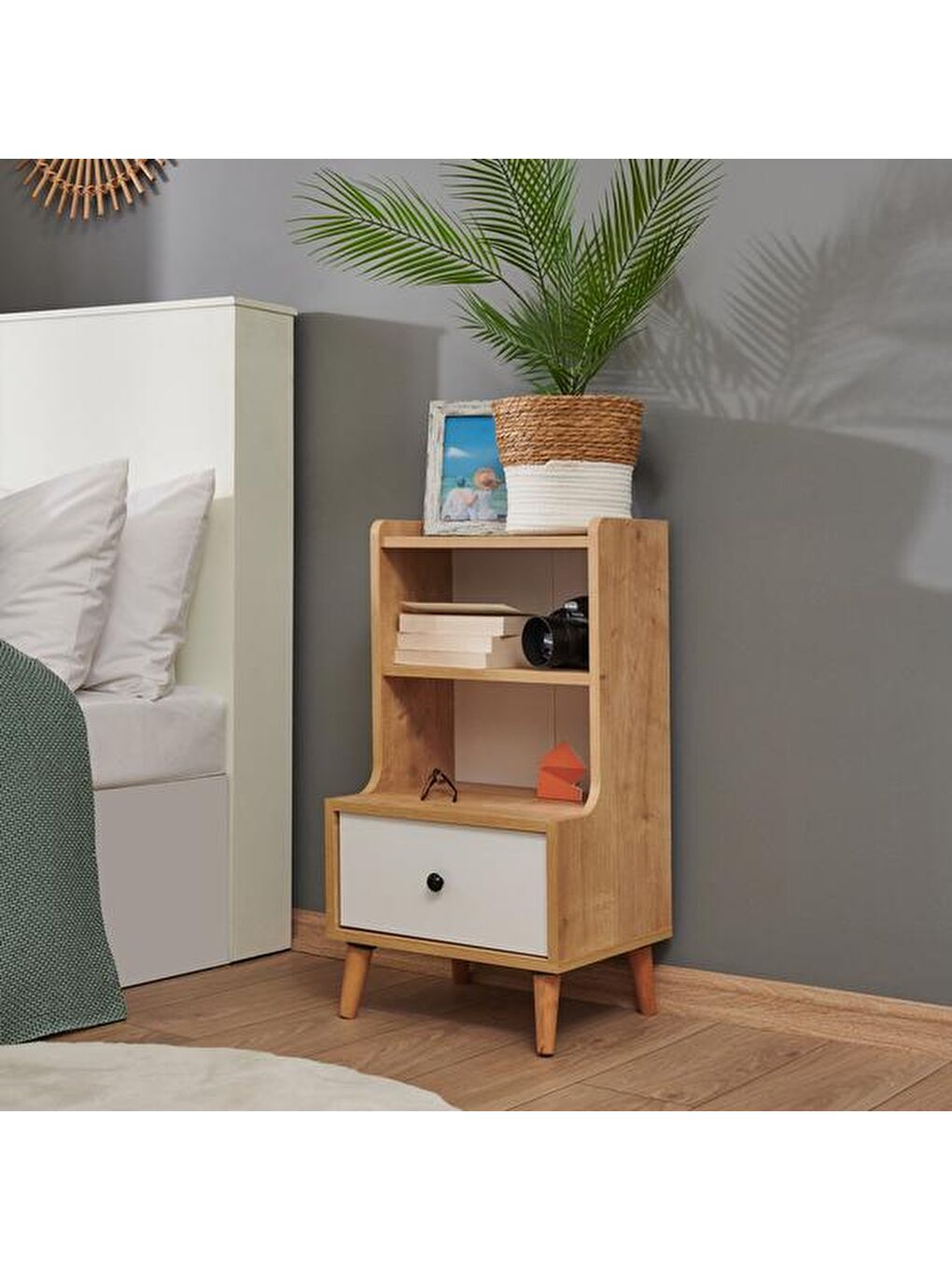 Kahverengi Melek Tek Çekmeceli Komodin - Safir Meşe / Beyaz-1