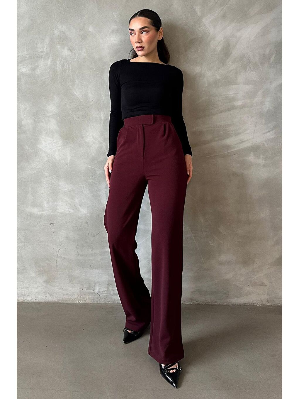 Bordo Elastanlı Cırt Kapamalı Palazzo Pantolon Mg2291-4