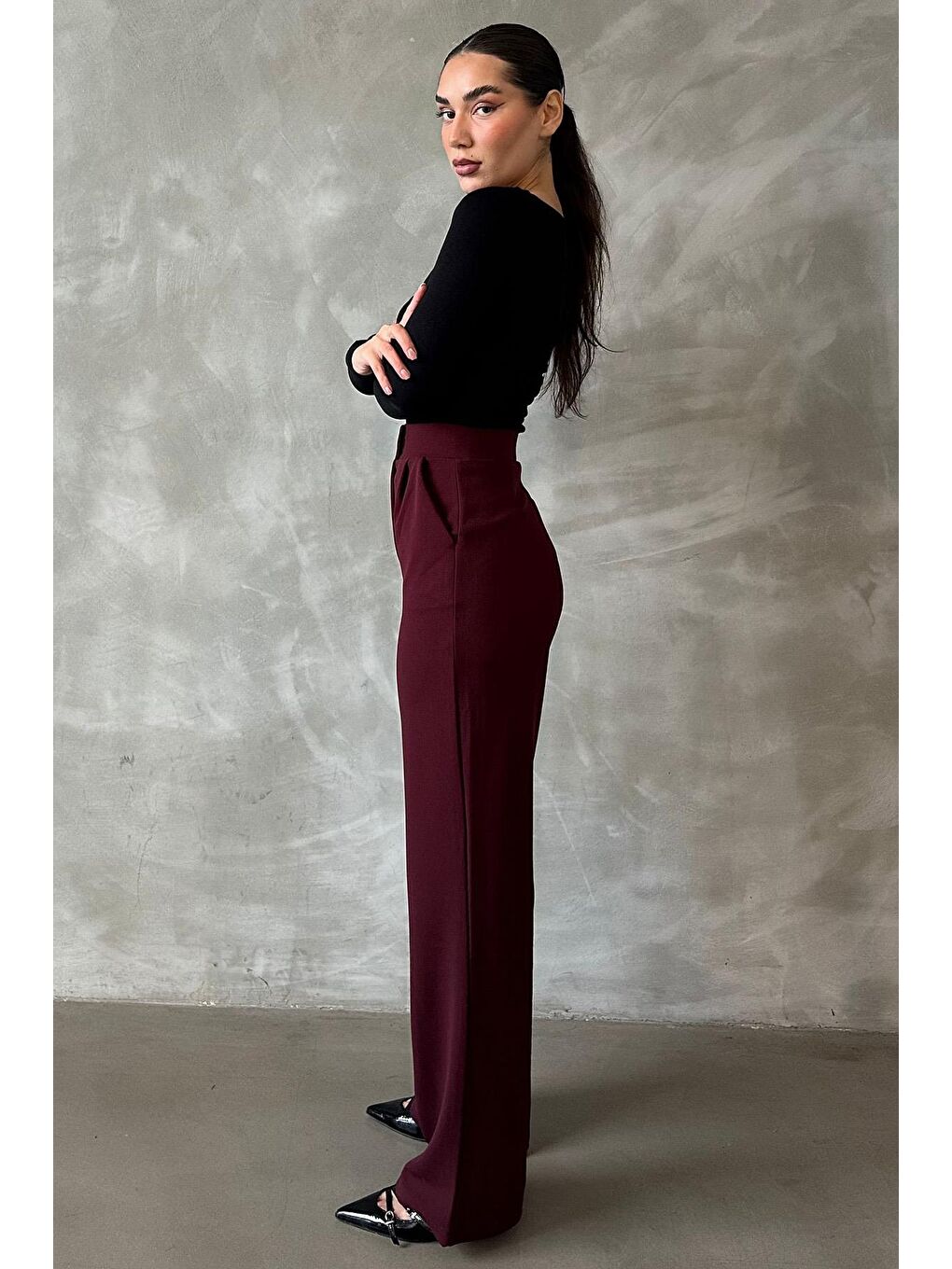 Bordo Elastanlı Cırt Kapamalı Palazzo Pantolon Mg2291-5
