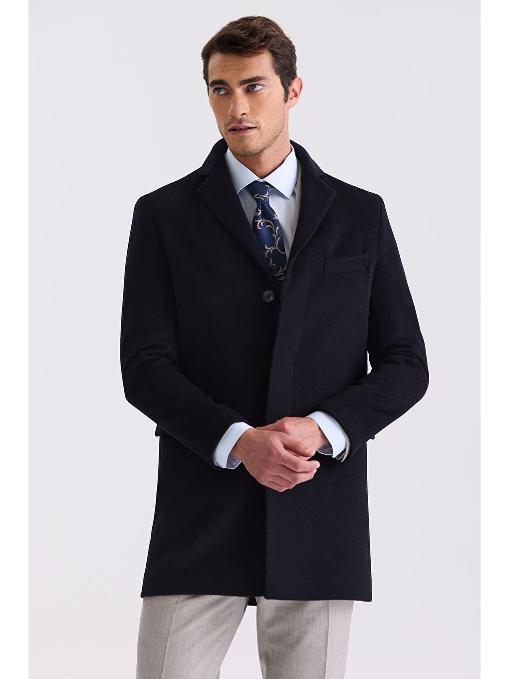 Koyu Lacivert Regular Fit Mono Yaka Yünlü Kaşe Kaban