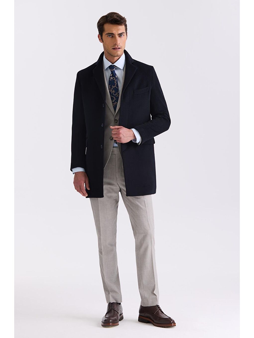 Koyu Lacivert Regular Fit Mono Yaka Yünlü Kaşe Kaban-1