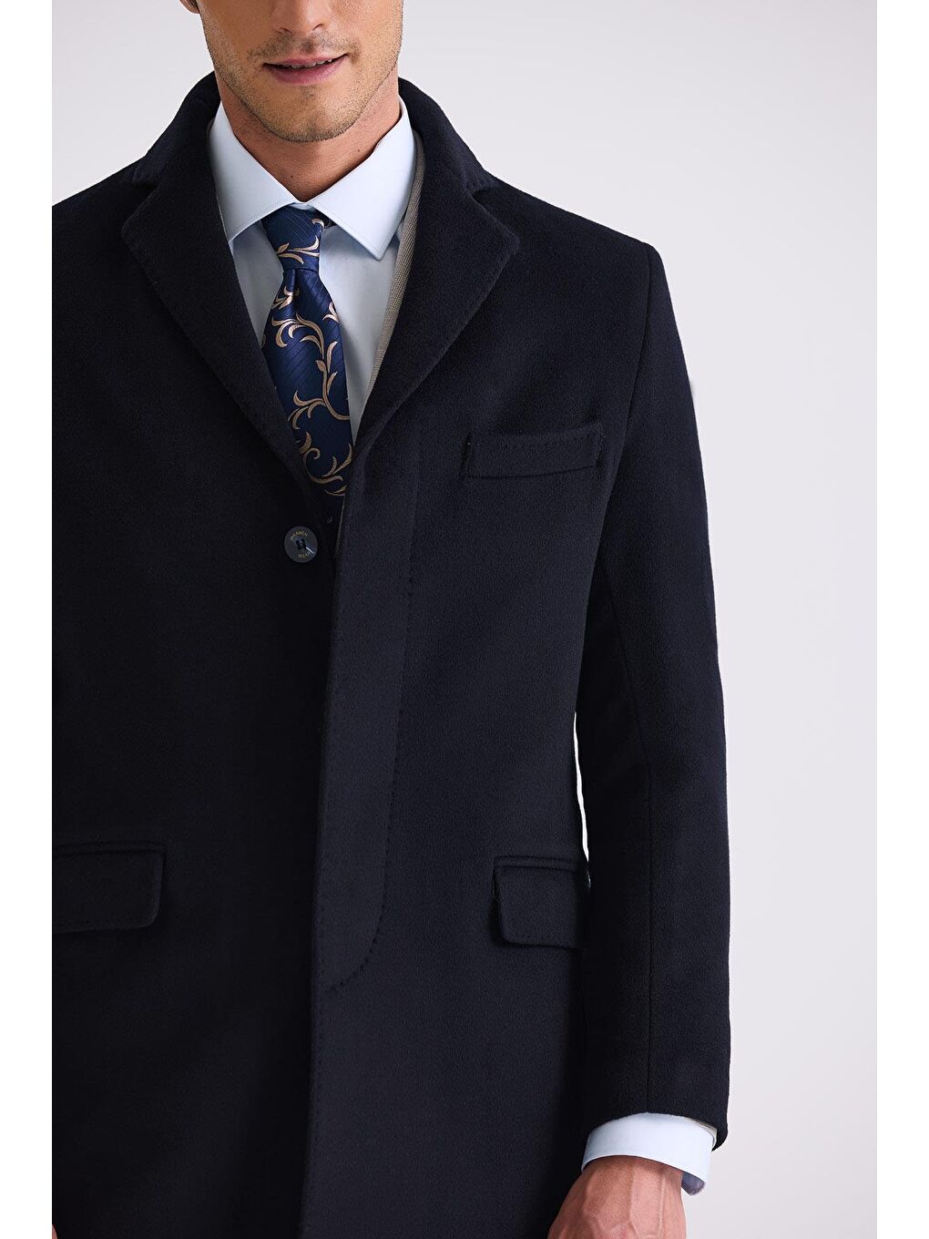 Koyu Lacivert Regular Fit Mono Yaka Yünlü Kaşe Kaban-2