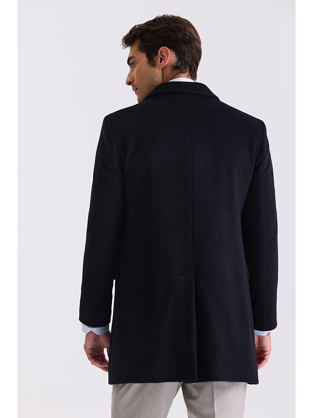 Koyu Lacivert Regular Fit Mono Yaka Yünlü Kaşe Kaban-3