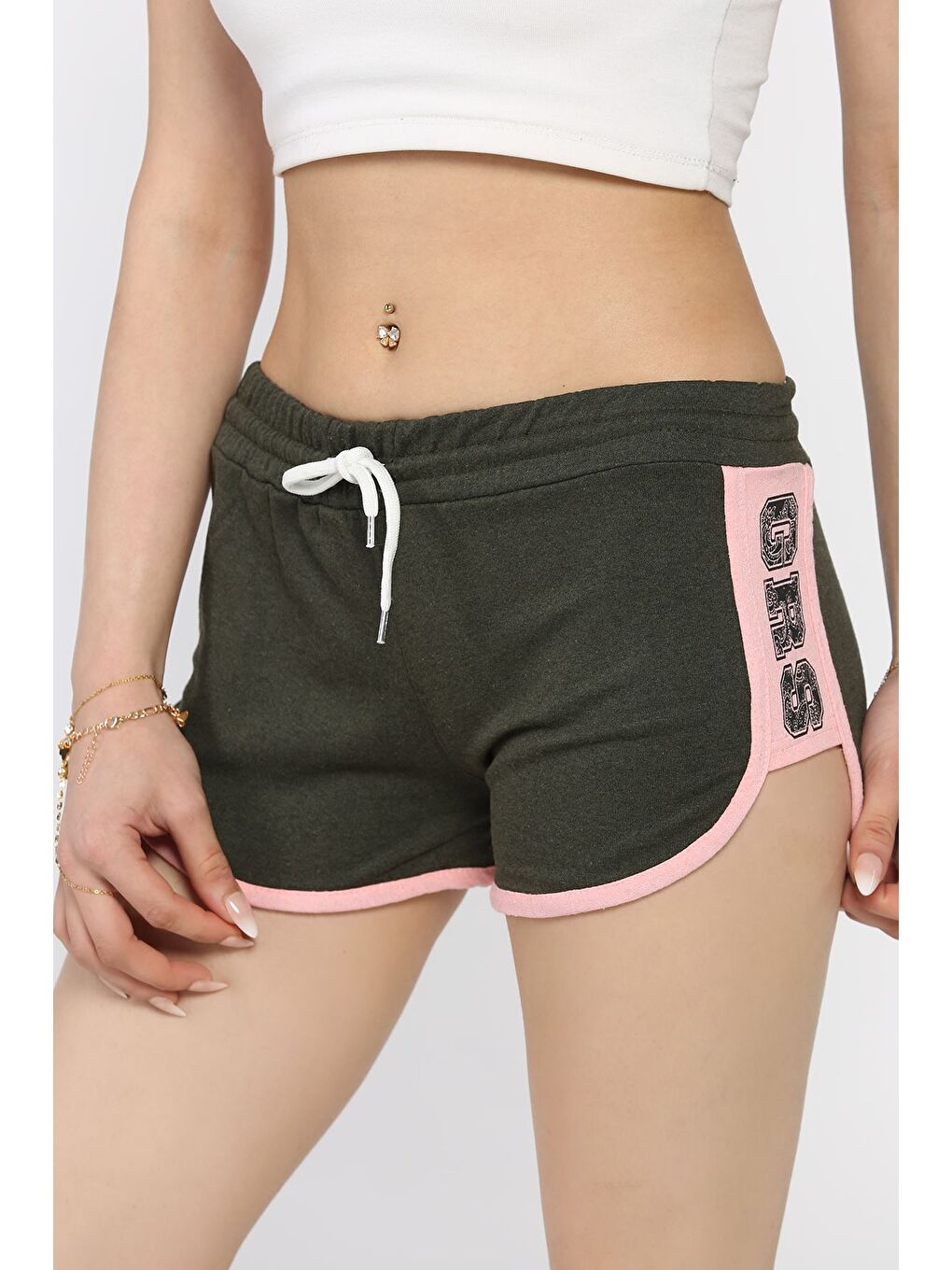 Haki Kadın Baskılı Mini Şort-1