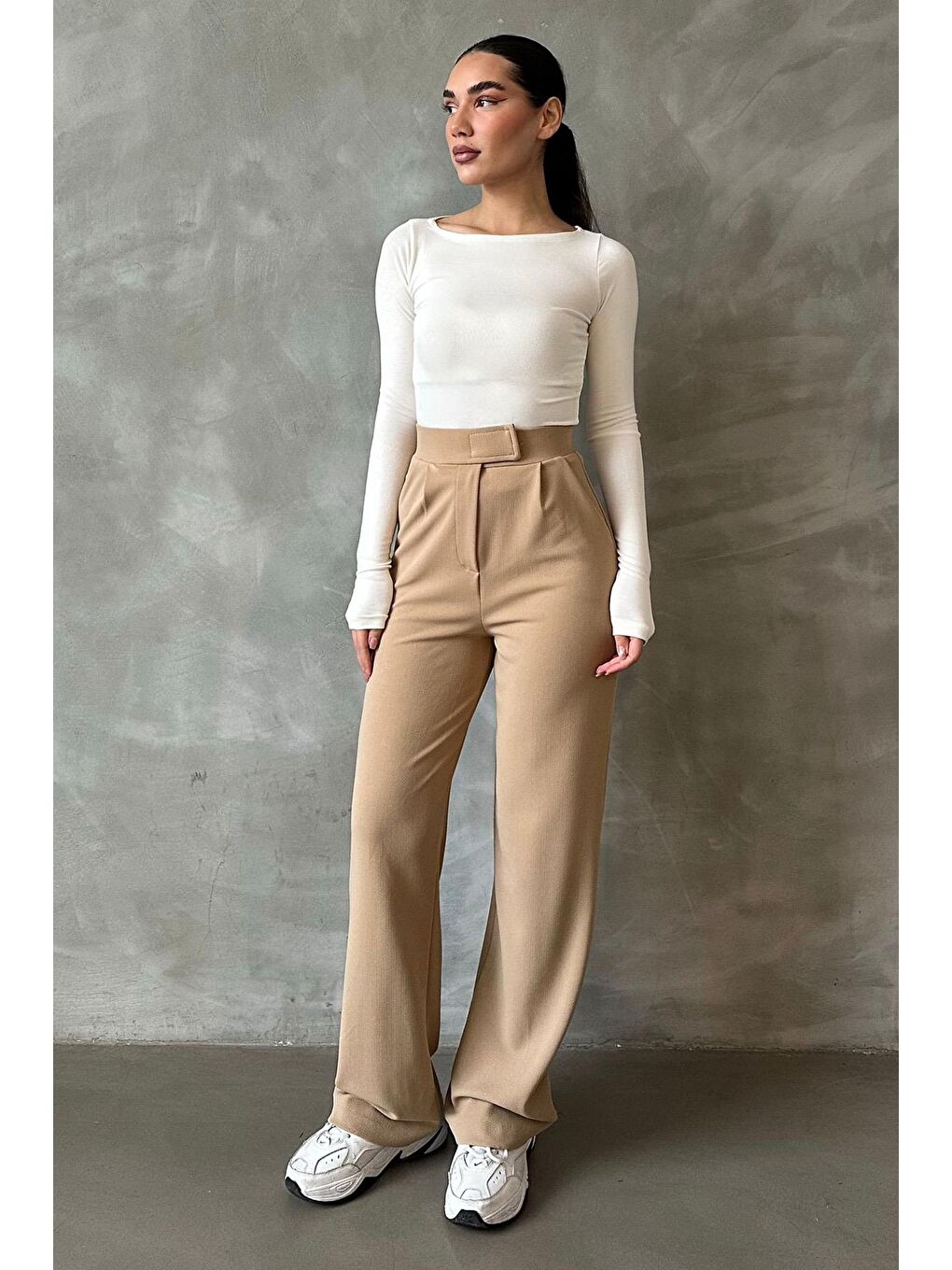 Bej Elastanlı Cırt Kapamalı Palazzo Pantolon Mg2291