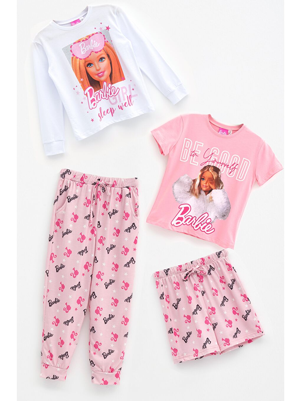 For You Kids Pembe Barbie 4'lü Tshirt Pembe Şort Pantolon Takım