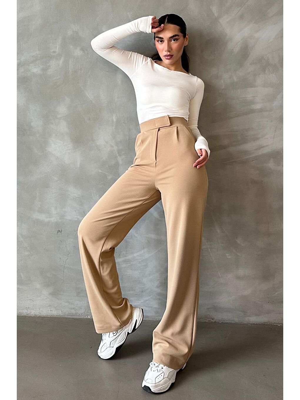 Bej Elastanlı Cırt Kapamalı Palazzo Pantolon Mg2291-1