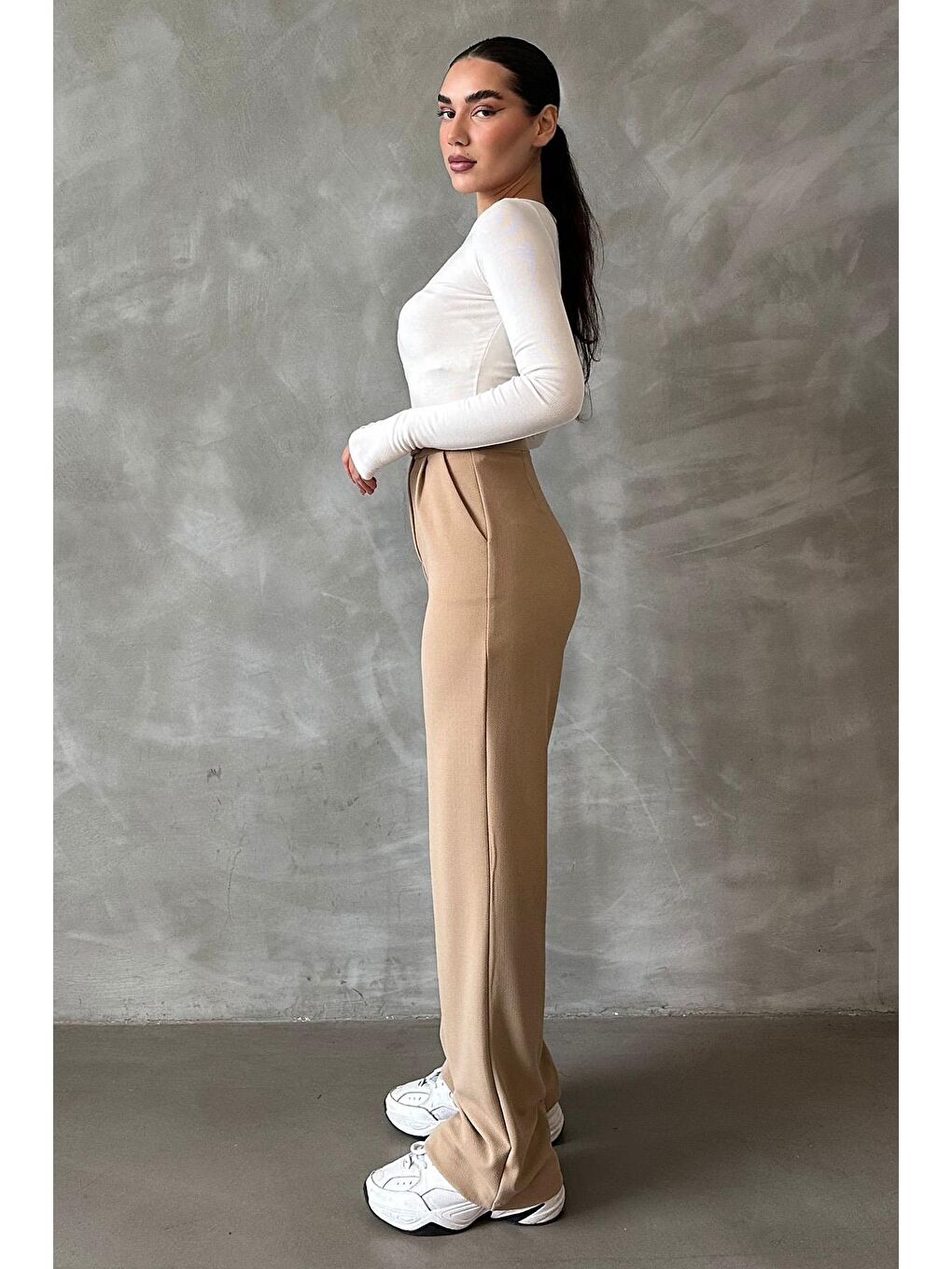 Bej Elastanlı Cırt Kapamalı Palazzo Pantolon Mg2291-2