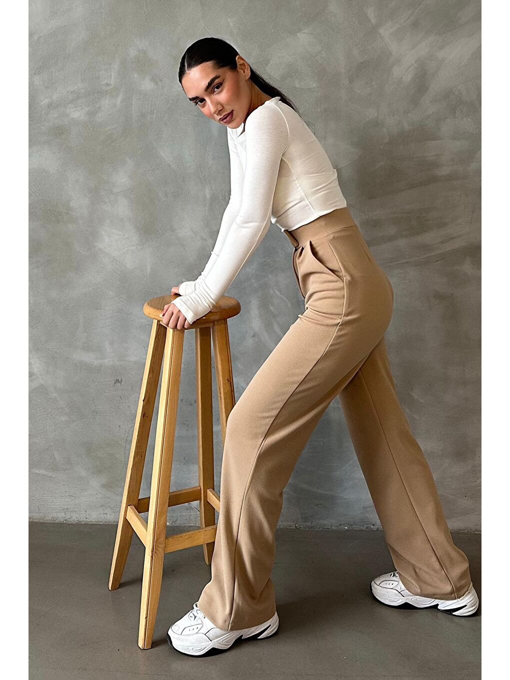 Bej Elastanlı Cırt Kapamalı Palazzo Pantolon Mg2291-3