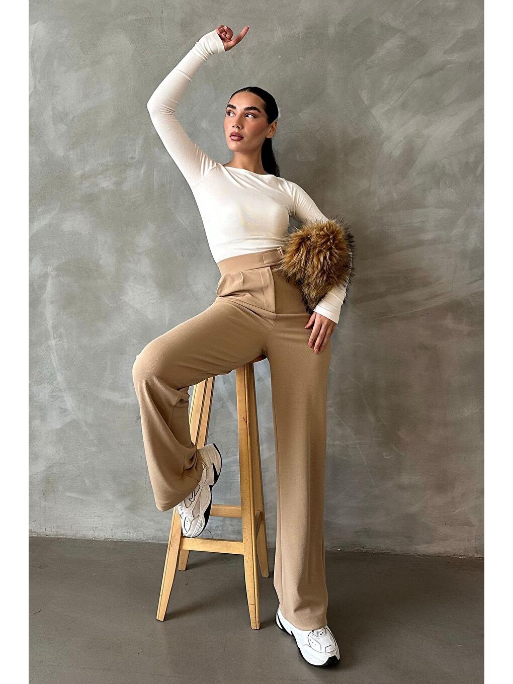 Bej Elastanlı Cırt Kapamalı Palazzo Pantolon Mg2291-4