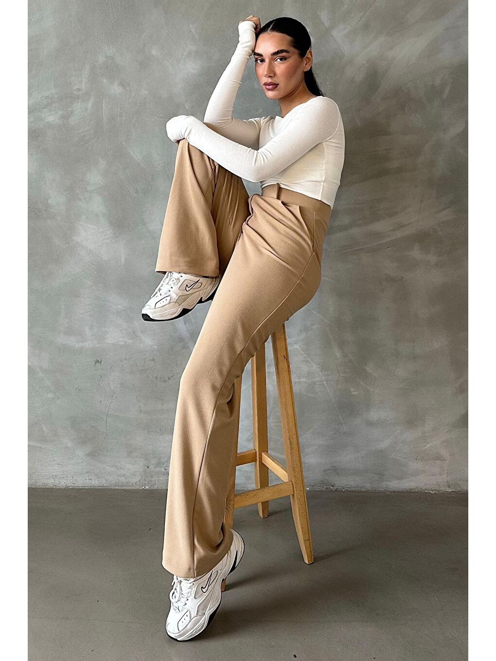Bej Elastanlı Cırt Kapamalı Palazzo Pantolon Mg2291-5