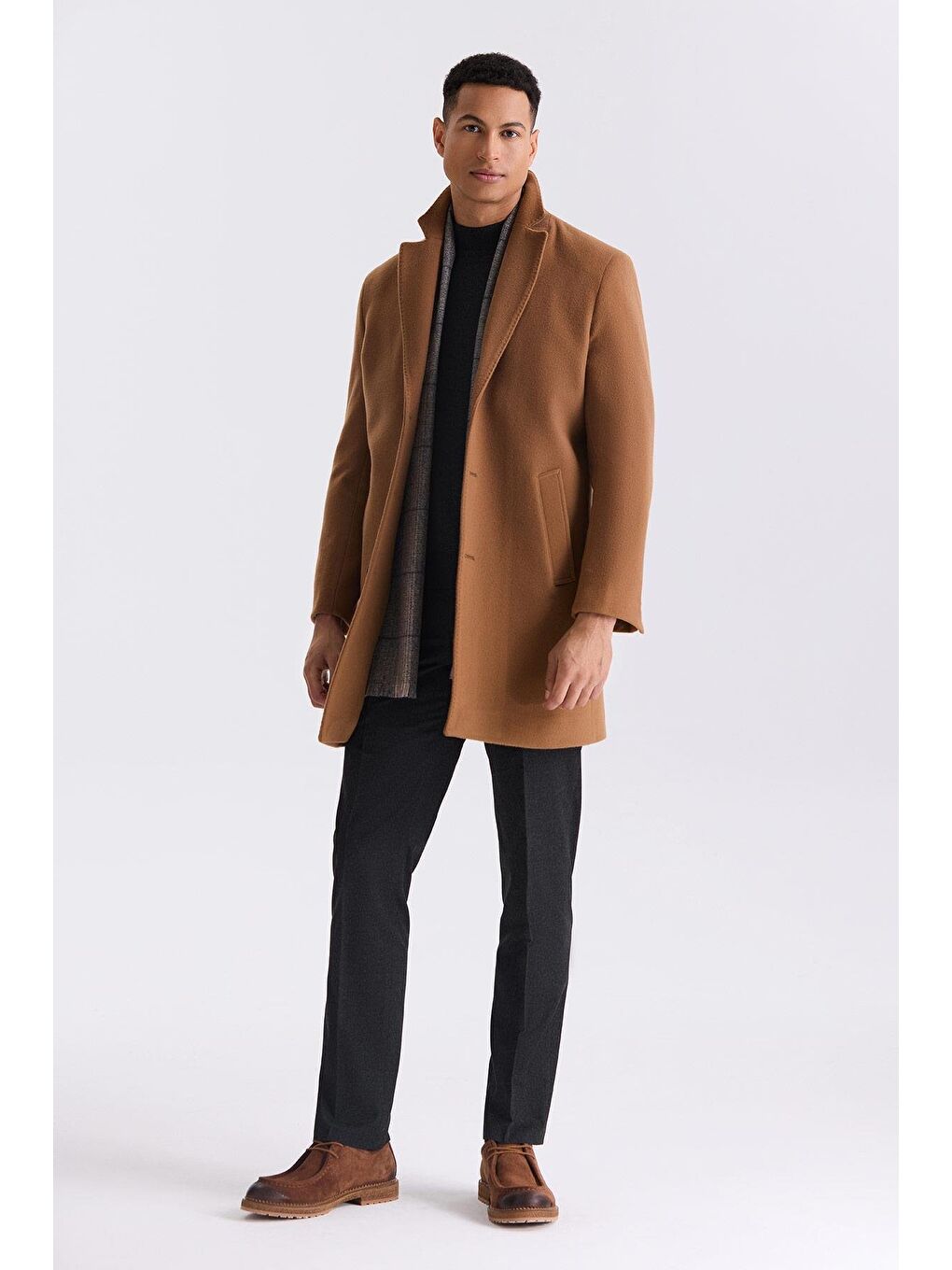 Kahverengi Taba Comfort Fit Mono Yaka Yan Cep Kaşe Kaban-1