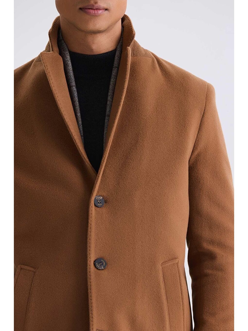 Kahverengi Taba Comfort Fit Mono Yaka Yan Cep Kaşe Kaban-2