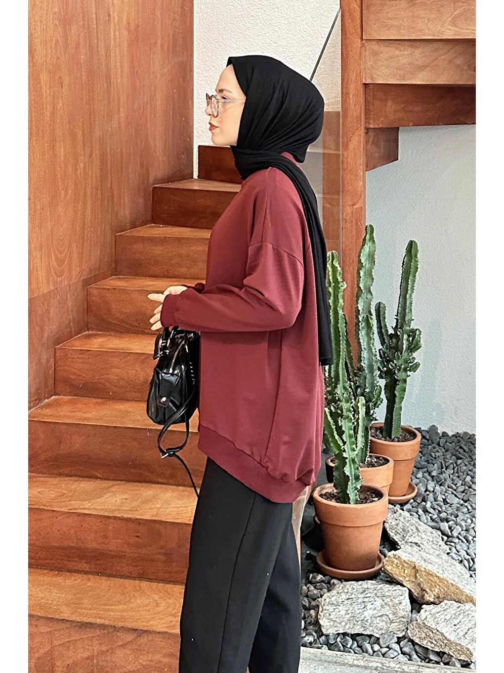 Etiket Detaylı Oversize Sweatshirt Bordo-1