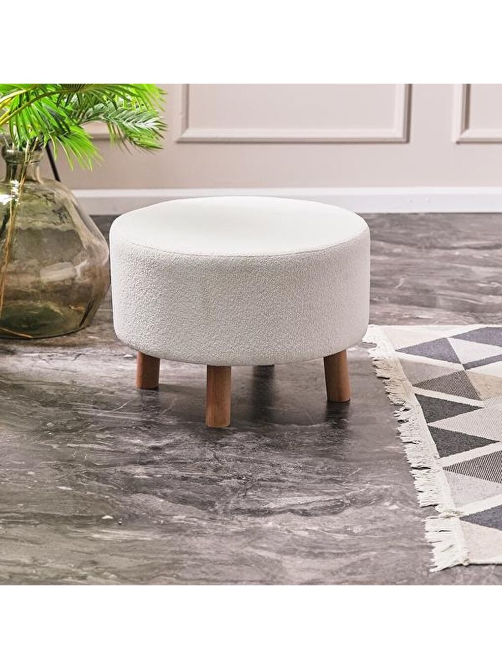 Ekru Masif Ayaklı Silindir Puf - Krem-4