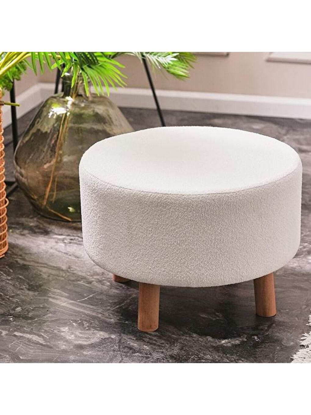 Ekru Masif Ayaklı Silindir Puf - Krem-6