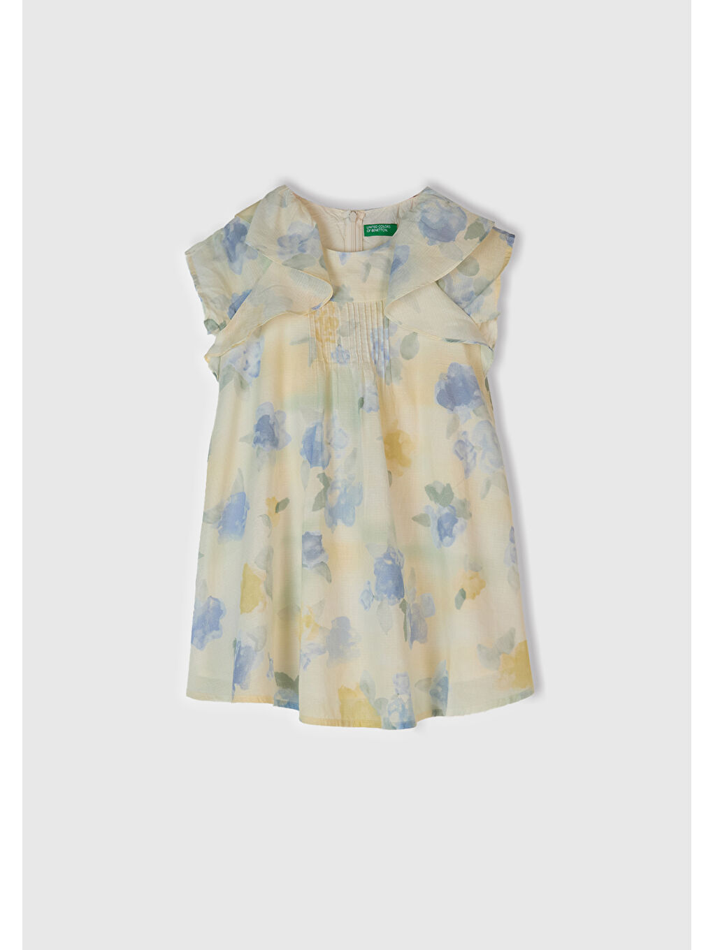 Ekru Kız Çocuk Sarı Mavi Tamamı Desenli Omzu Fırfır Detaylı Müslin Elbise