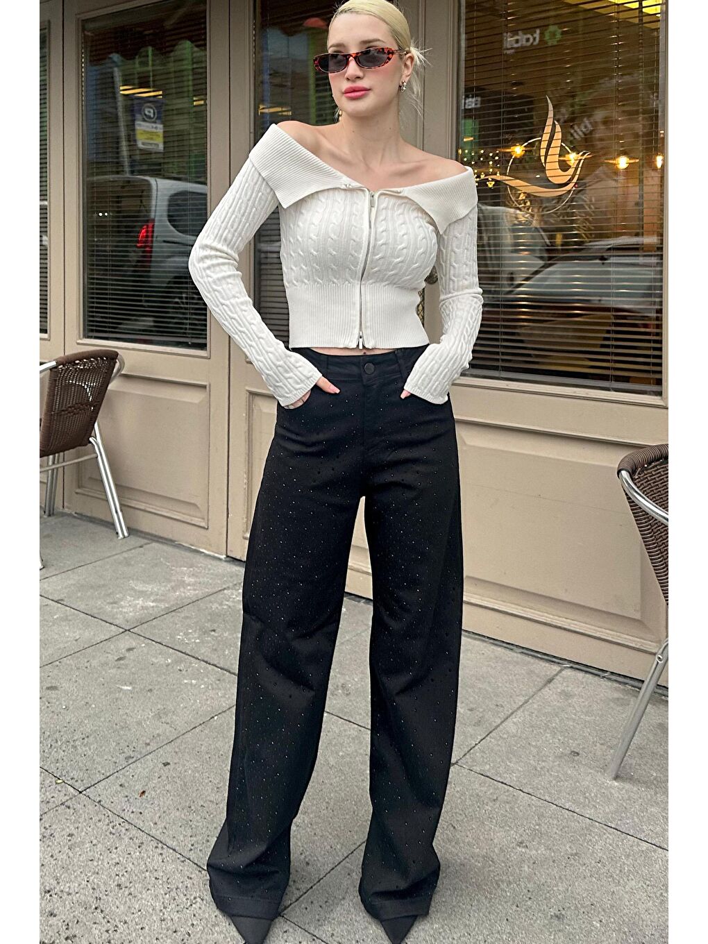 Siyah Serpme Taş Kadın Bol Paça Jean Pantolon Mg2273-2